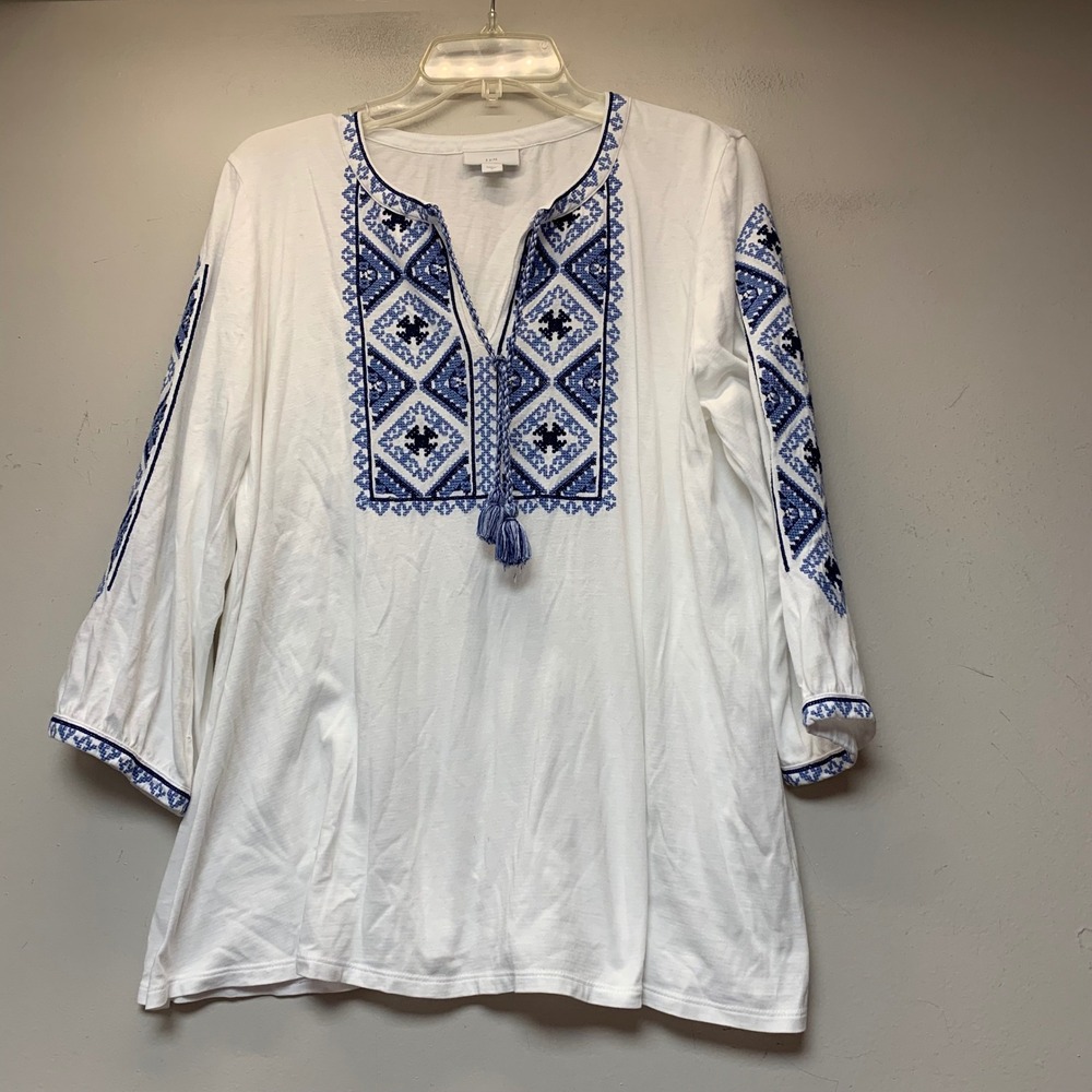 J. Jill Blouse Womens Medium White Blue Excellent Embroidered Boho Peasant Top